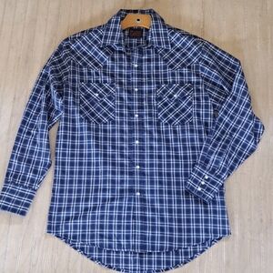 Plains Western Wear Blue Plaid Pearl Snap Button Long Sleeve Cotton Blend Shirt